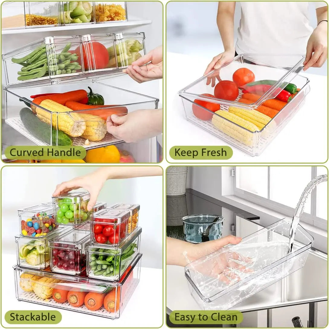 10 Pack Refrigerator Pantry Organizer Bins, Stackable Fridge Bins with Lids, Clear Plastic Food Storage for Kitchen, Countertops, Cabinets, Fridge, Drinks, Fruits, Vegetable, Cereals